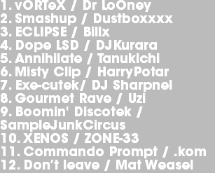 1. vORTeX / Dr LoOney 2. Smashup / Dustboxxxx 3. ECLIPSE / Billx
4. Dope LSD / DJKurara
5. Annihilate / Tanukichi 6. Misty Clip / HarryPotar 7. Exe-cutek/ DJ Sharpnel
8. Gourmet Rave / Uzi
9. Boomin' Discotek / SampleJunkCircus 10. XENOS / ZONE-33
11. Commando Prompt / .kom
12. Don’t leave / Mat Weasel
